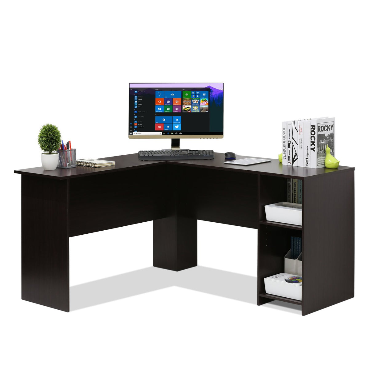 Abbott L-Shape Computer Desk with Bookshelf, French Oak Grey/Black