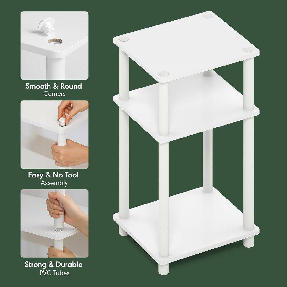 JUST Set of 2 Toolless Assembly 3-Tier Side Table, Plain White