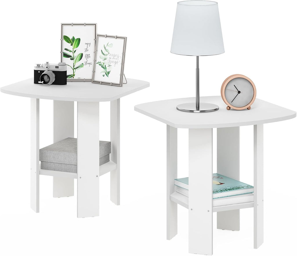 Simple Design Side Table Set of 2, 2-Tier Modern End Table with Soft Edges, Open Shelves Night Stand, Bedside Table, for Living Room, Bedroom, White