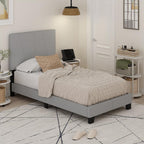 Lucy Bed Frame, Twin Size Bedframe with Geometric Design Upholstered Headboard, Bed with Adjustable Headboard, No Box Spring Needed, 12pcs Wooden Slat Support, for Bedroom, Dorm, Glacier