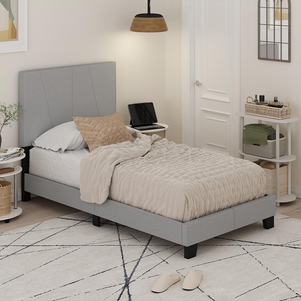 Lucy Bed Frame, Full Size Bedframe with Geometric Design Upholstered Headboard, Bed with Adjustable Headboard, No Box Spring Needed, 12pcs Wooden Slat Support, for Bedroom, Dorm, Glacier