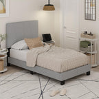 Lucy Bed Frame, Twin Size Bedframe with Geometric Design Upholstered Headboard, Bed with Adjustable Headboard, No Box Spring Needed, 12pcs Wooden Slat Support, for Bedroom, Dorm, Glacier