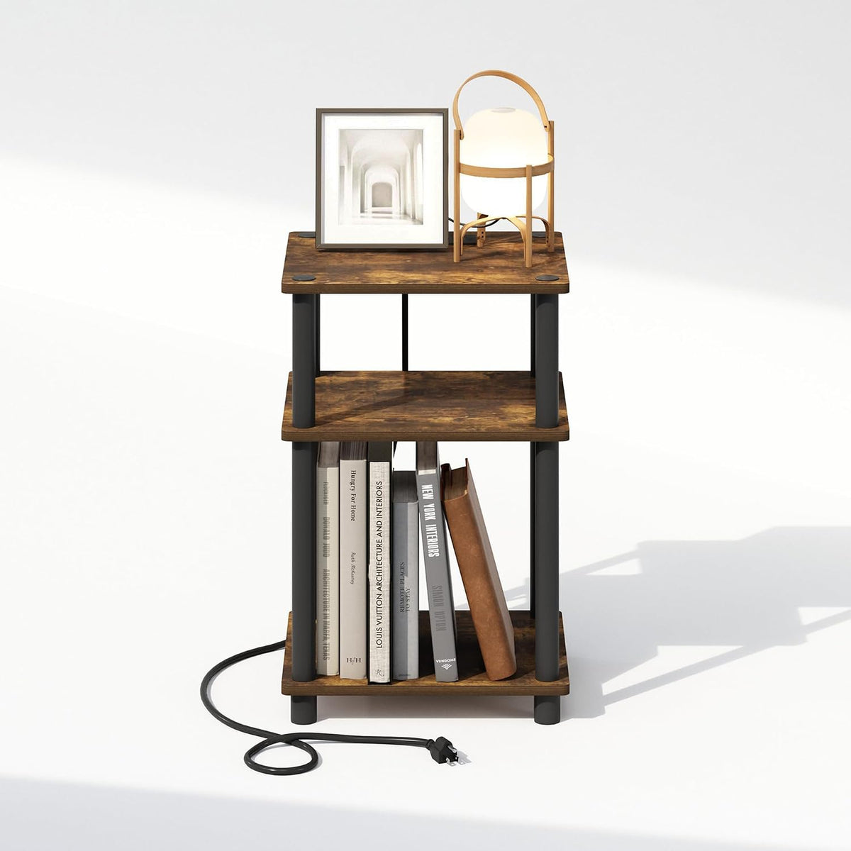 JUST 3-Tier Night Stand with Charging Station, Amber Pine
