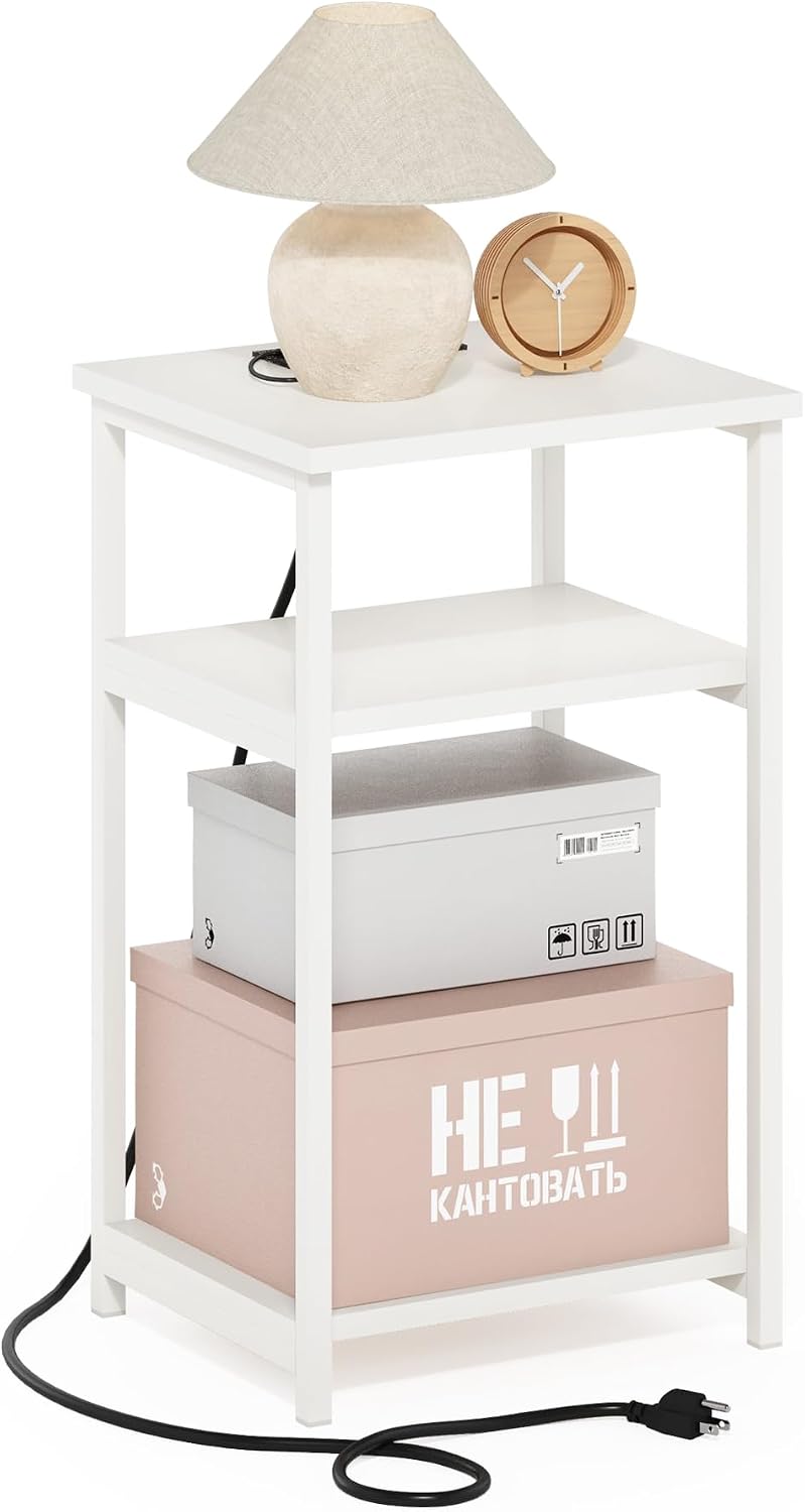 Moretti 3-Tier Metal Frame Charging Station Night Stand, White