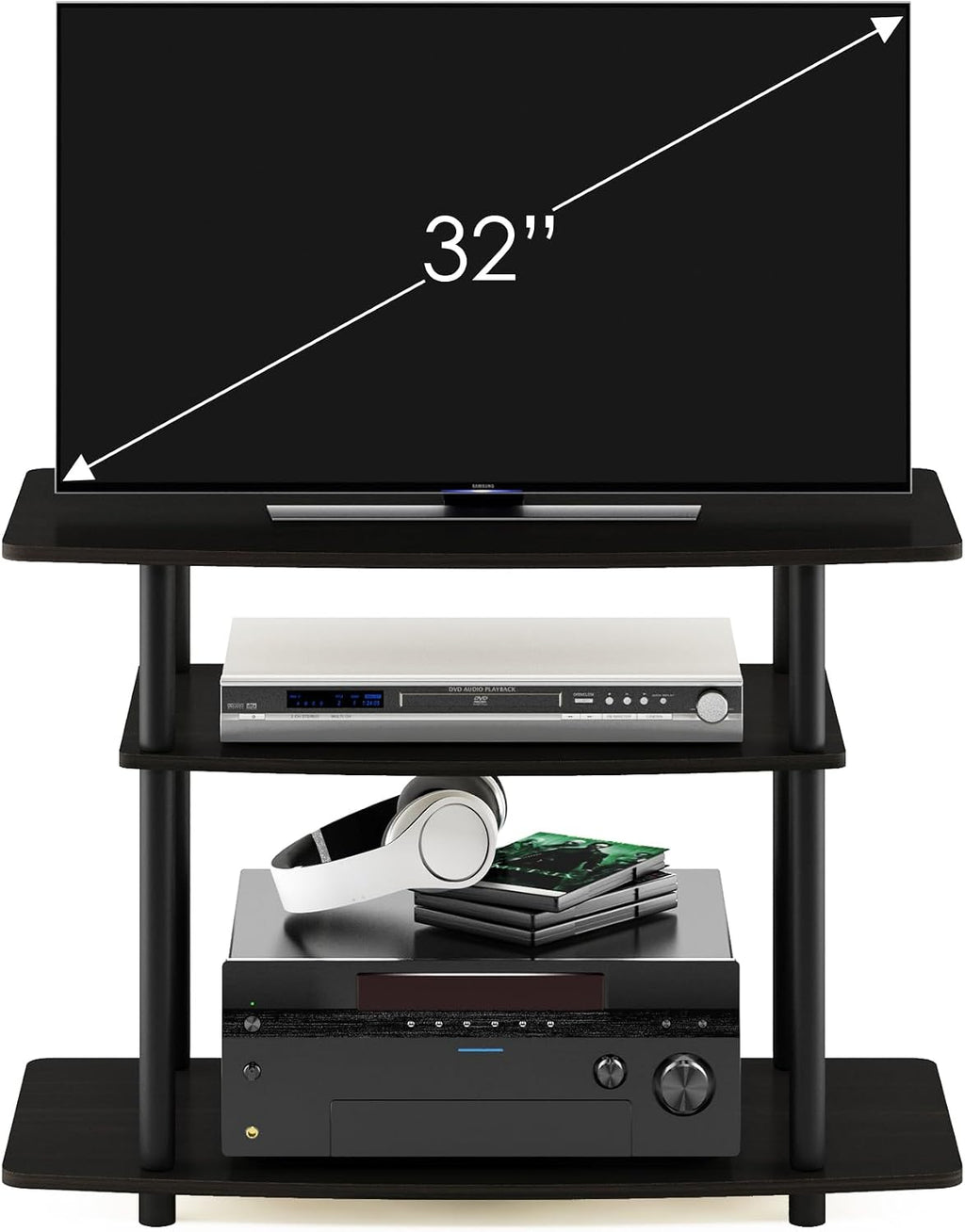 Turn-N-Tube No Tools 3-Tier Entertainment Center TV Stand for TV up to 32 Inch, Plastic Round Tubes, Espresso/black