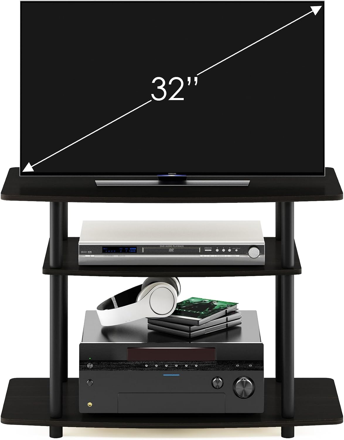 Turn-N-Tube No Tools 3-Tier Entertainment Center TV Stand for TV up to 32 Inch, Plastic Round Tubes, Espresso/black
