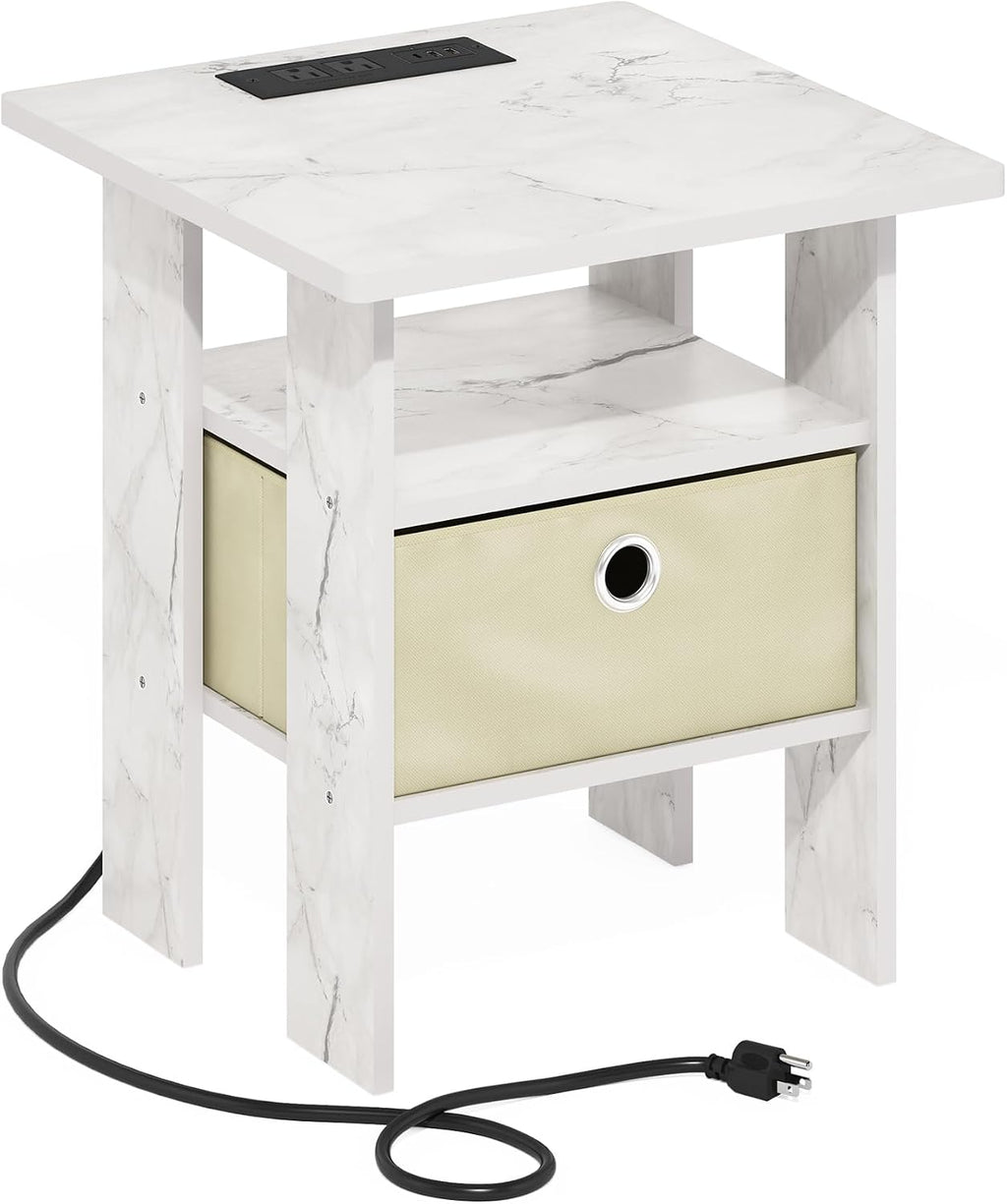 Andrey Side Table, Charging Station End Table, Light Marble/Ivory