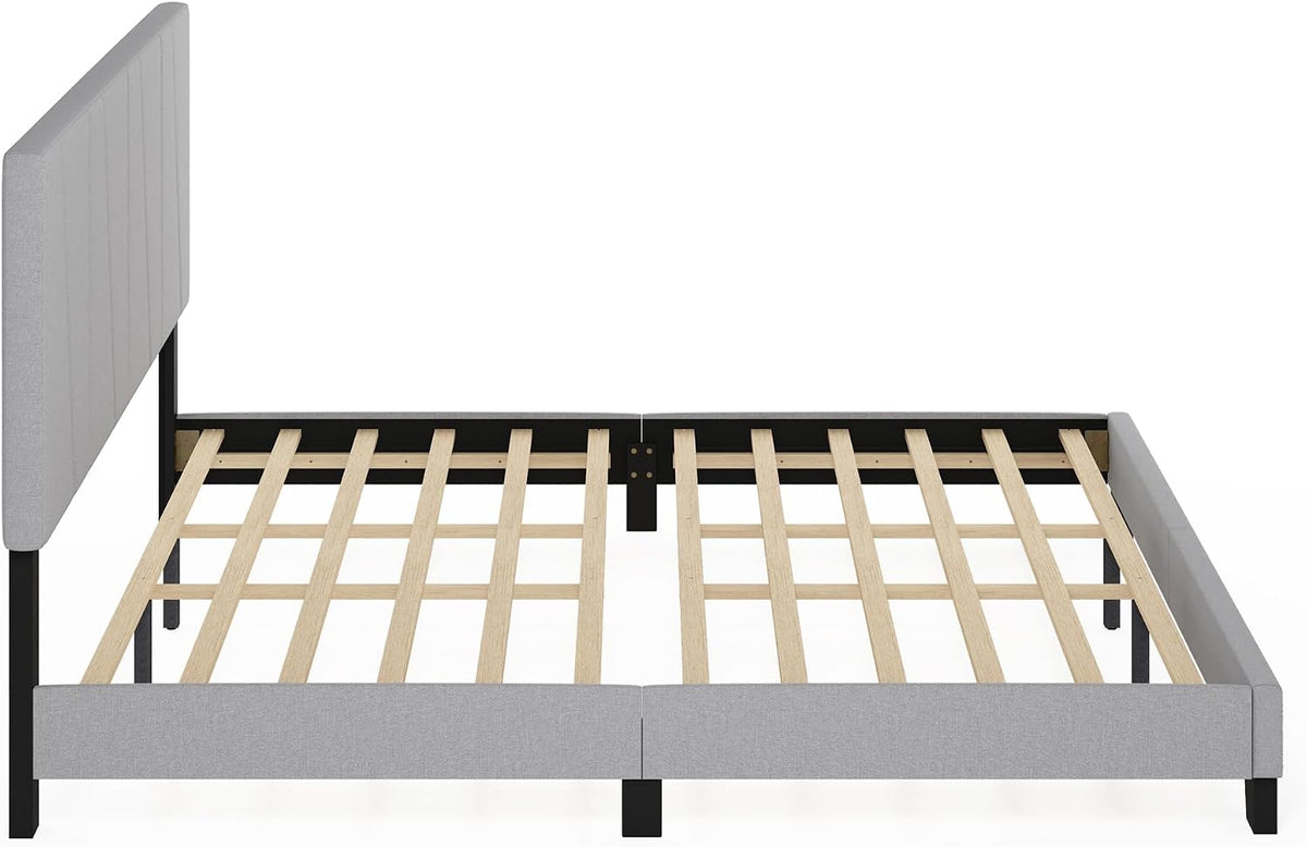 Lucy Bed Frame, King Size Bedframe with Geometric Design Upholstered Headboard, Bed with Adjustable Headboard, No Box Spring Needed, 12pcs Wooden Slat Support, for Bedroom, Dorm, Glacier