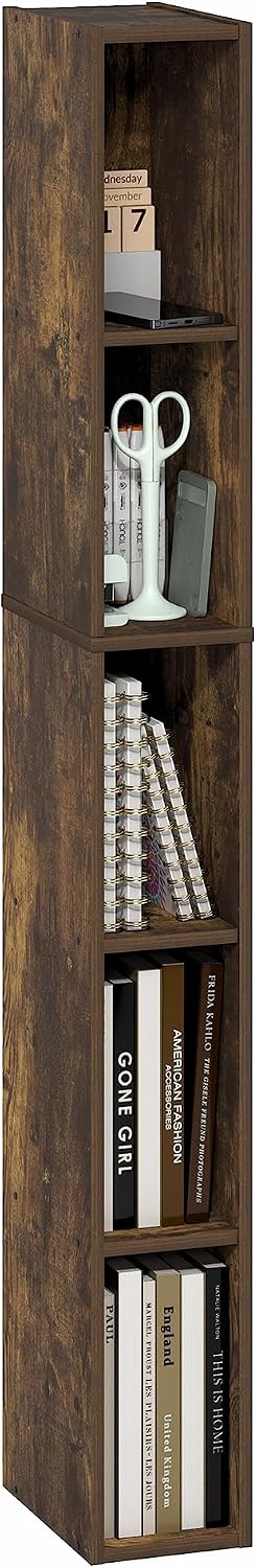 Fulda Book Shelf, 5-Tier Tall Narrow Bookshelf, Standing Bookcase with 6-in Width Storage Shelf, 9.3 x 5.9 x 51.9, for Organization Storage, for Living Room, Bedroom, Home Office, Amber Pine
