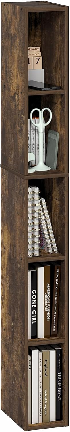 Fulda Book Shelf, 5-Tier Tall Narrow Bookshelf, Standing Bookcase with 6-in Width Storage Shelf, 9.3 x 5.9 x 51.9, for Organization Storage, for Living Room, Bedroom, Home Office, Amber Pine