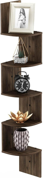 Rossi 5-Tier Corner Floating Book Shelves for Wall, Columbia Walnut