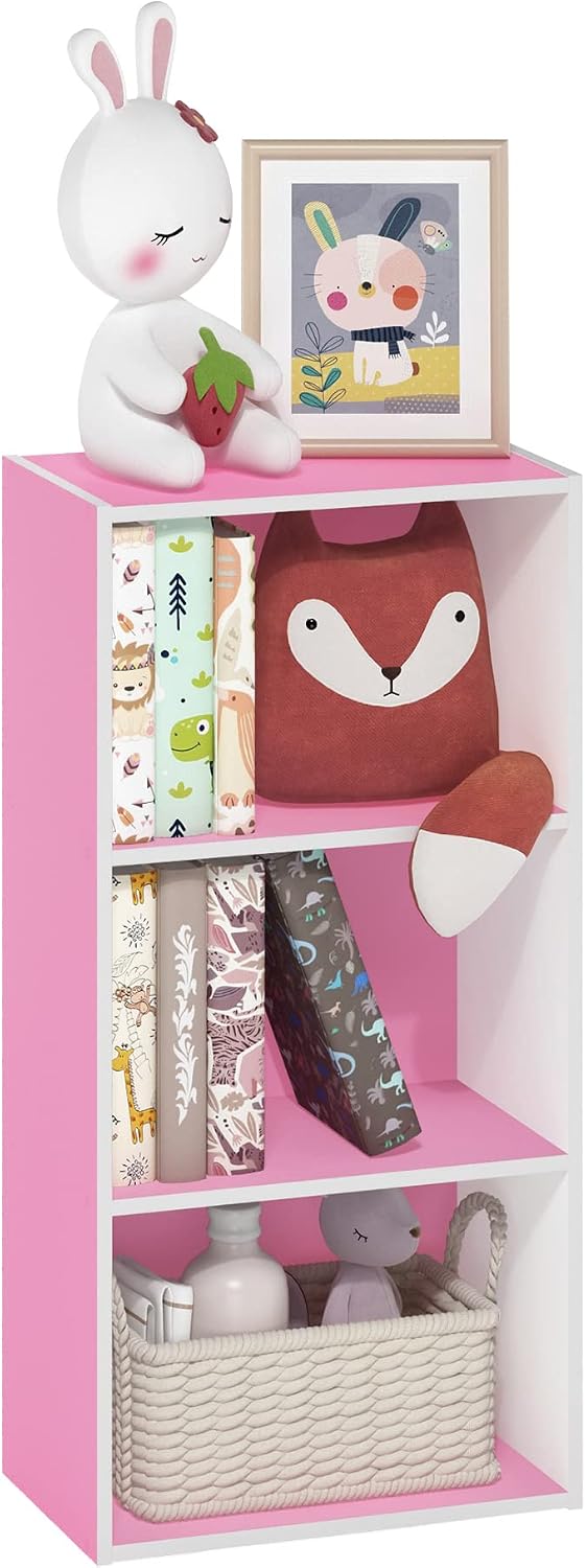 LUDER 3-Tier Book Shelf, Open Shelves Bookshelf, Pink/White