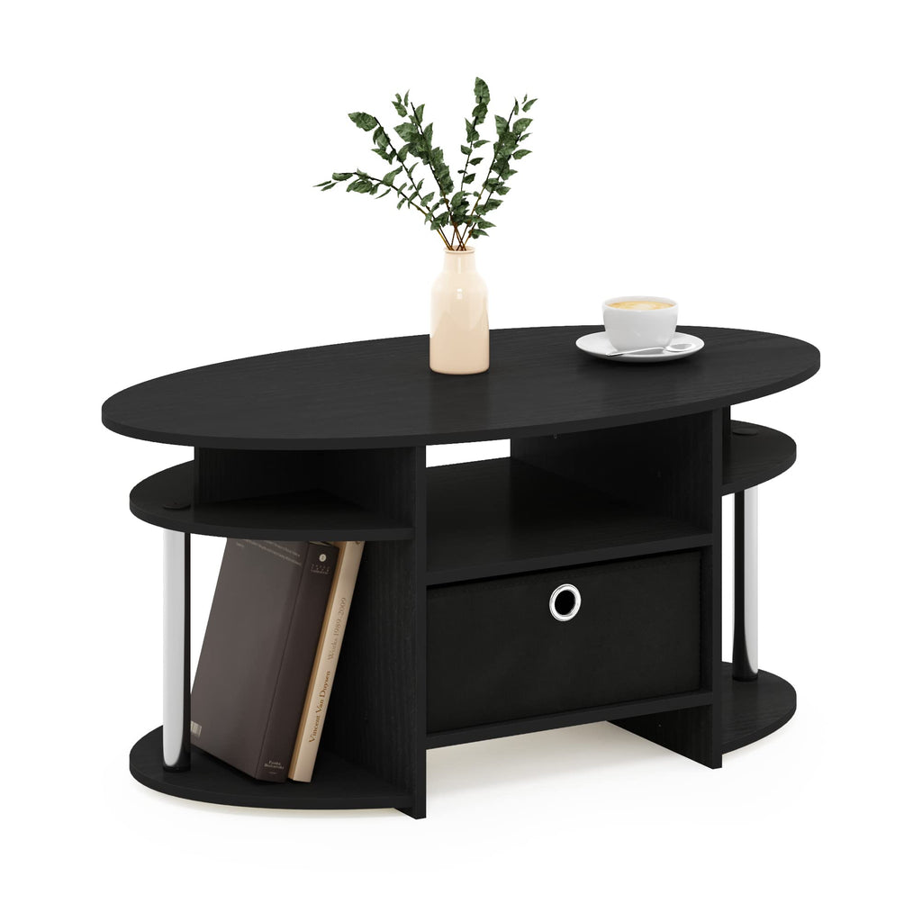 Jaya Simple Design Oval Coffee Table with Bin for Living Room, Walnut