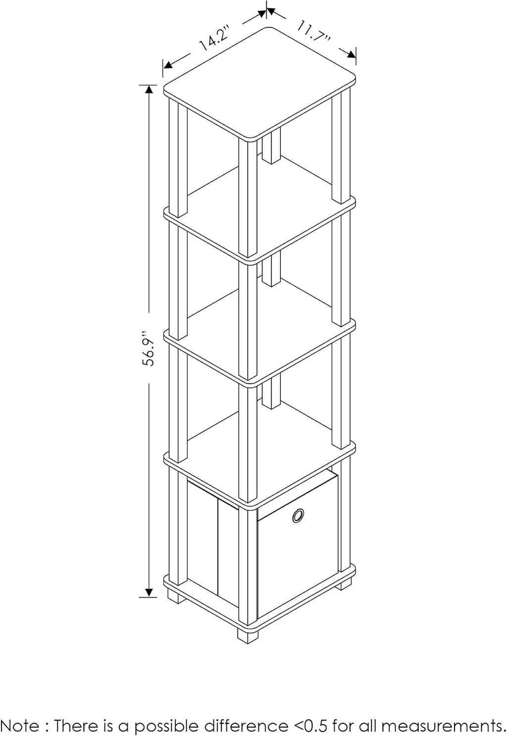 Turn-N-Tube Book Shelf, 5-Tier Square Open Frame Display Shelf, Corner Storage Shelves with Storage Bin, Shelving Unit, for Organization and Storage, Living Room, Garage, Home Office, Black