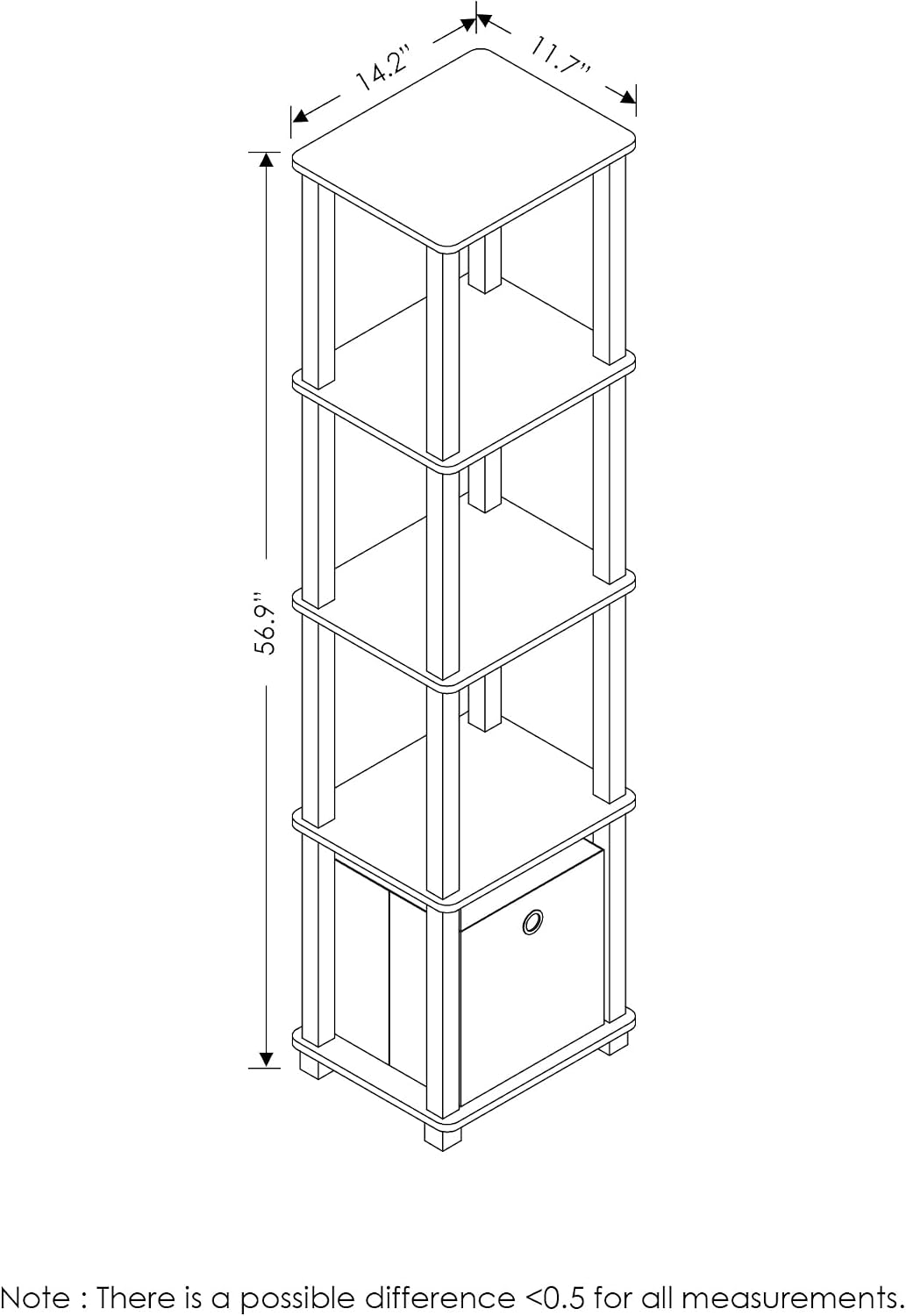 Turn-N-Tube Book Shelf, 5-Tier Square Open Frame Display Shelf, Corner Storage Shelves with Storage Bin, Shelving Unit, for Organization and Storage, Living Room, Garage, Home Office, Black