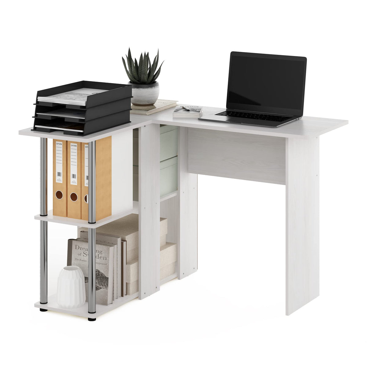 Abbott L-Shape Computer Desk with Bookshelf, French Oak Grey/Black