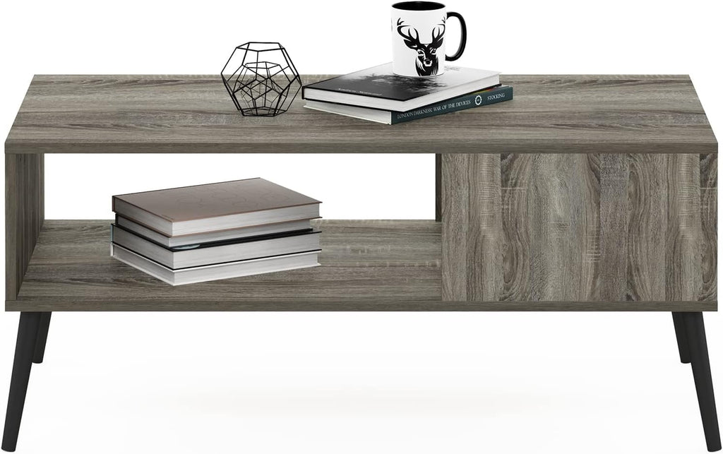 Claude 2-Tier Grey Coffee Table, Mid-Century Style Coffee Table with Wooden-Legs, Side Table with Open Shelf, for Living Room, Bedroom, Home Office, Grey Oak
