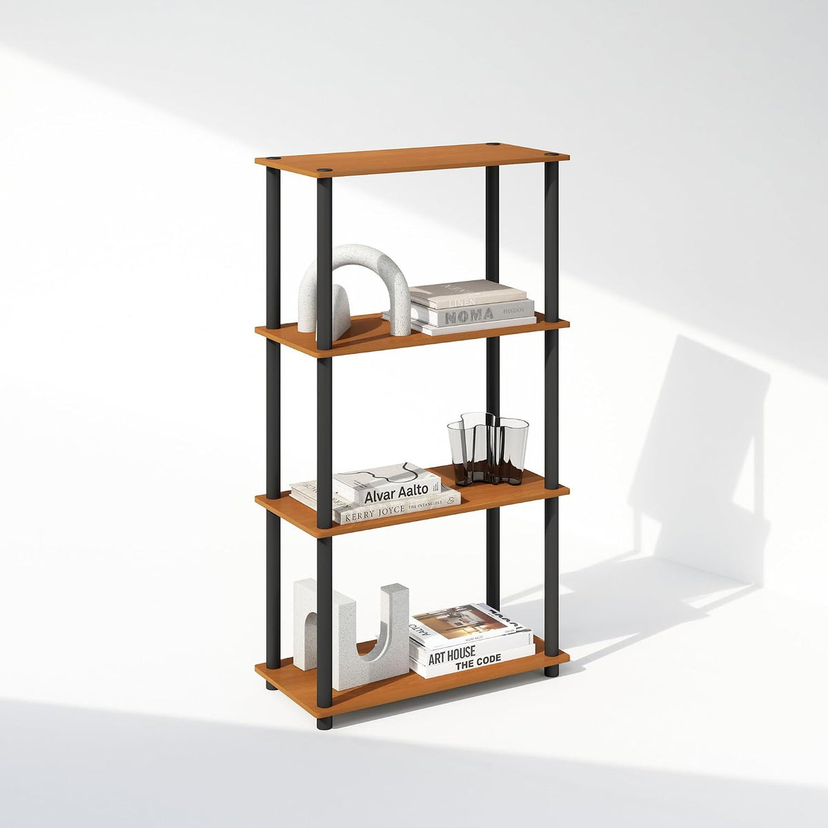 Turn-N-Tube Book Shelf, 4-Tier Bookshelf, Bookcase with Multipurpose Compact Display Rack, 11.6 x 23.6 x 43.2, for Living Room, Bedroom, Home Office, Light Cherry/Black