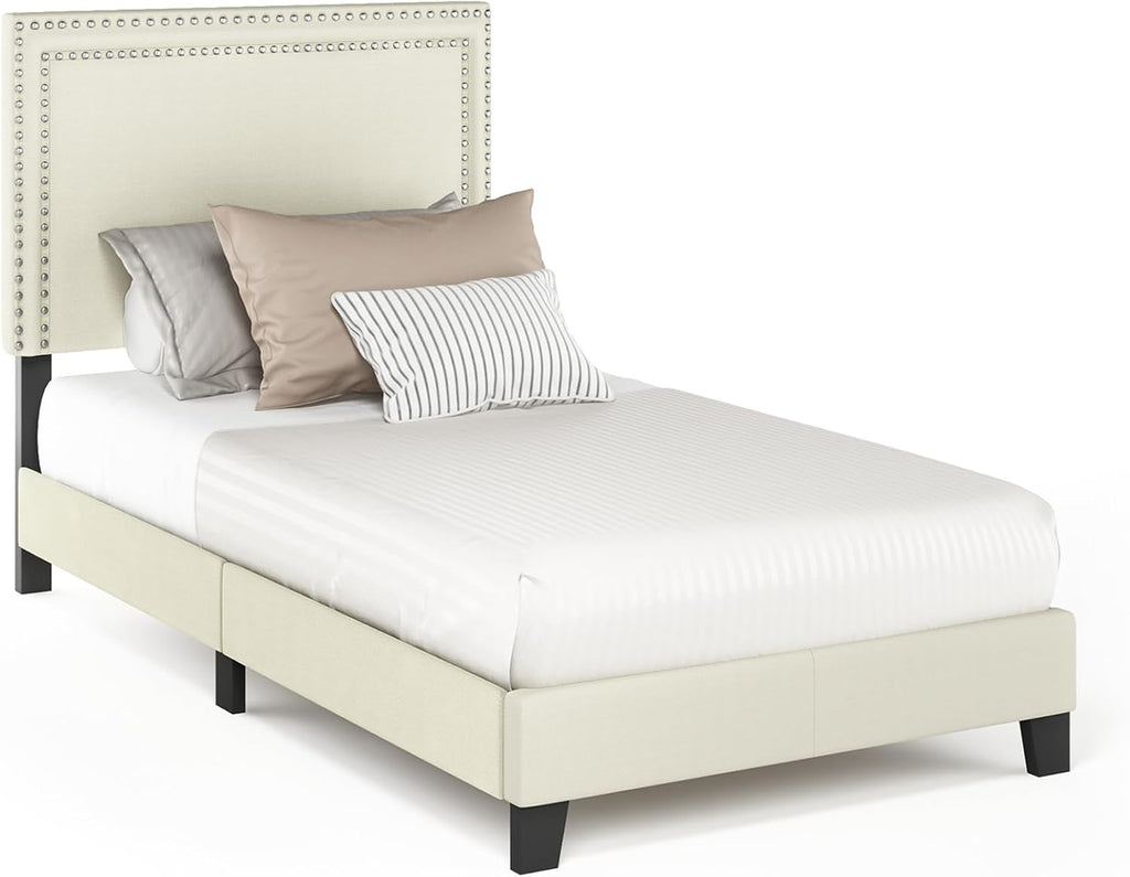 Laval Double Row Nail Head 12PC Slat Style Bed Frame, Twin, Linen