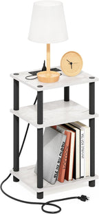 Just 3-Tier Turn-N-Tube USB and Type-C Charging Port End Table with Open Storage, 11.42 (W) x 8.82 (H) x 6.77 (D) inches, Marble White/Black