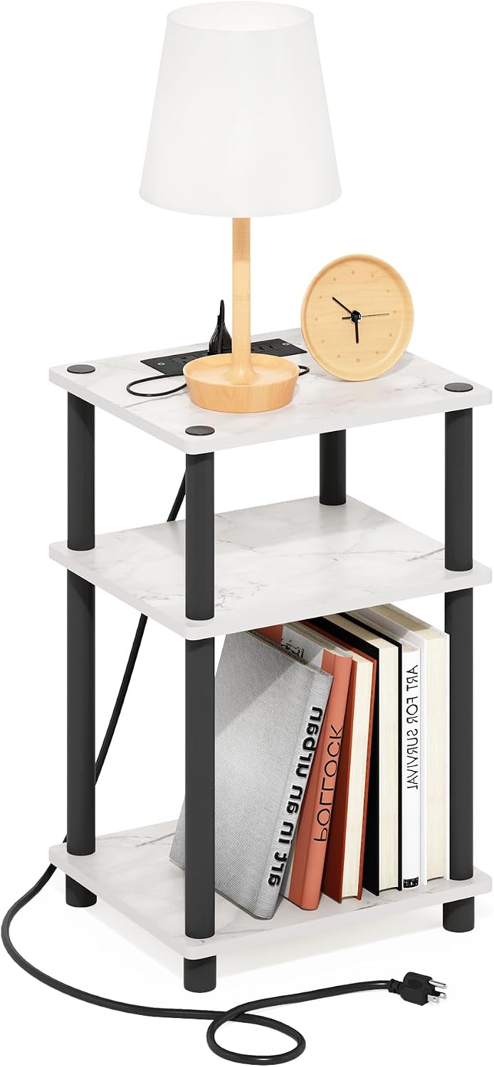 Just 3-Tier Turn-N-Tube USB and Type-C Charging Port End Table with Open Storage, 11.42 (W) x 8.82 (H) x 6.77 (D) inches, Marble White/Black