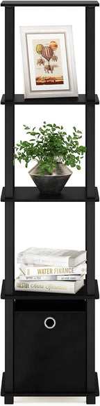 Turn-N-Tube Book Shelf, 5-Tier Square Open Frame Display Shelf, Corner Storage Shelves with Storage Bin, Shelving Unit, for Organization and Storage, Living Room, Garage, Home Office, Black