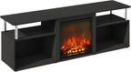 Jensen Fireplace TV Stand, NO Heat Decorative Electric Fireplace TV Stand for TV up to 70 Inch, with Open Storage, for Living Room, Americano/Stainless Steel