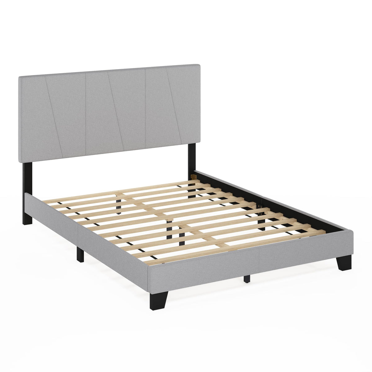 Skylar Full Size Bed Frame with Geometric Design Upholstered Headboard, Bedframe with Adjustable Headboard, No Box Spring Needed, 12pcs Wooden Slat Support, for Bedroom, Dorm, Light Grey