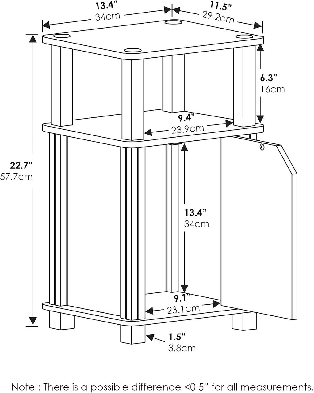 Just 3-Tier Side Table, Grey Closed Storage End Table, Night Stand, Bedside Table for Living Room, Bedroom, Home Office, French Oak/Black