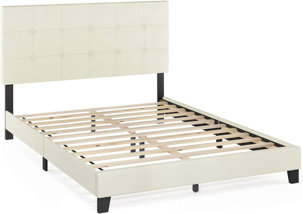 Laval Button Tufted Upholstered Platform Bed Frame, Queen, Linen