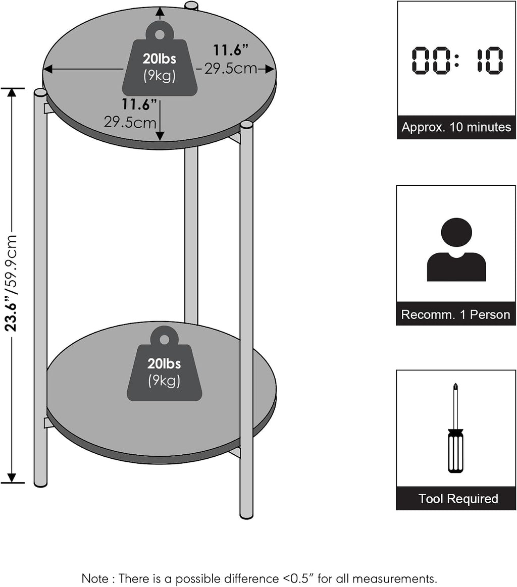 BESI Night Stand, 2-Tier Tall Round Nightstand, Metal Frame Narrow End Table with Open Shelf, Side Table, Bedside Table, for Bedroom, Closet, Dorm, White