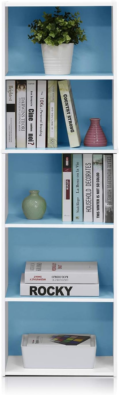 LUDER Book Shelf, 5-Tier Bookshelf, Bookcase with Open Shelves, 9.4 x 15.8 x 52, Easy Assembly, for Living Room, Bedroom, Home Office, White/Light Blue