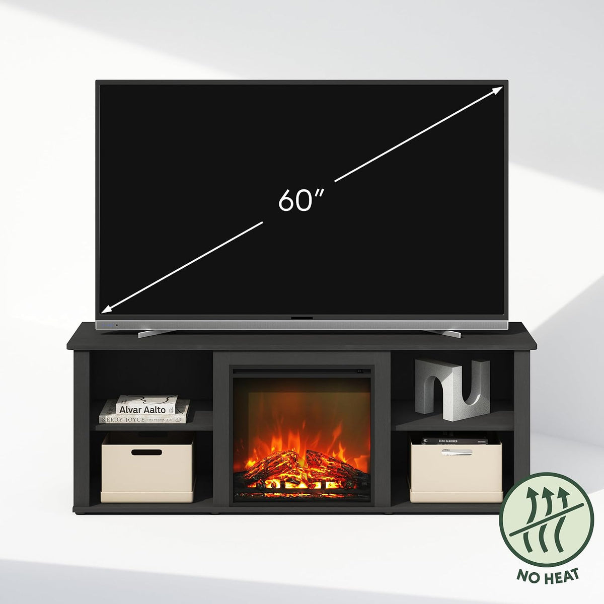 Jensen Fireplace TV Stand, NO Heat Decorative Electric Fireplace TV Stand for TV up to 60 Inch, with Open Storage, for Living Room, Americano
