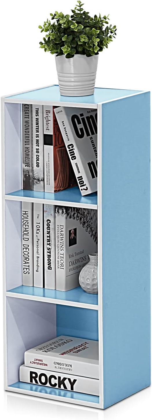 LUDER Book Shelf, 3-Cube Bookshelf, Bookcase with Open Shelves, 9.3 x 12 x 31.5, Easy Assembly, for Living Room, Bedroom, Home Office, White/Light Blue