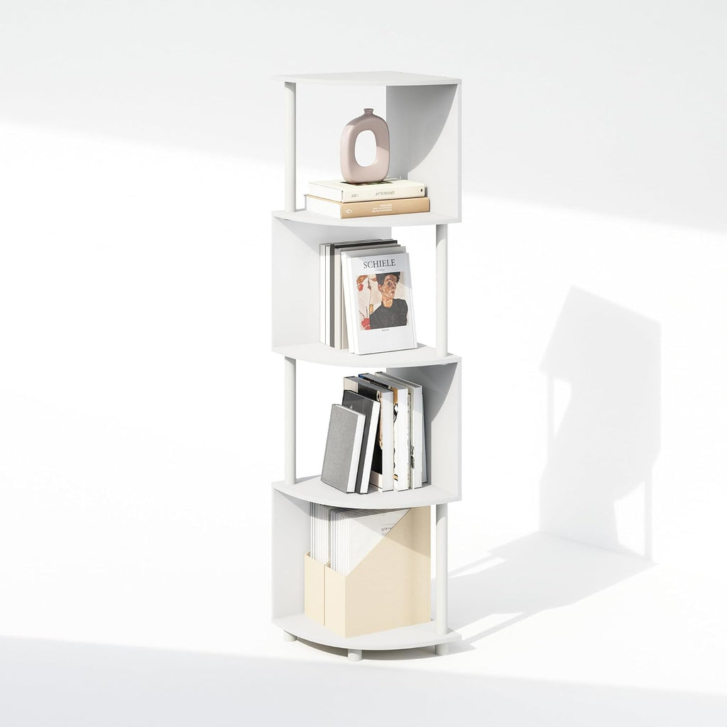Basic Book Shelf, 4-Tier Bookshelf, Bookcase with Zigzag Corner Shelf, 14.2 x 14.2 x 57.7, for Living Room, Bedroom, Home Office, White/White