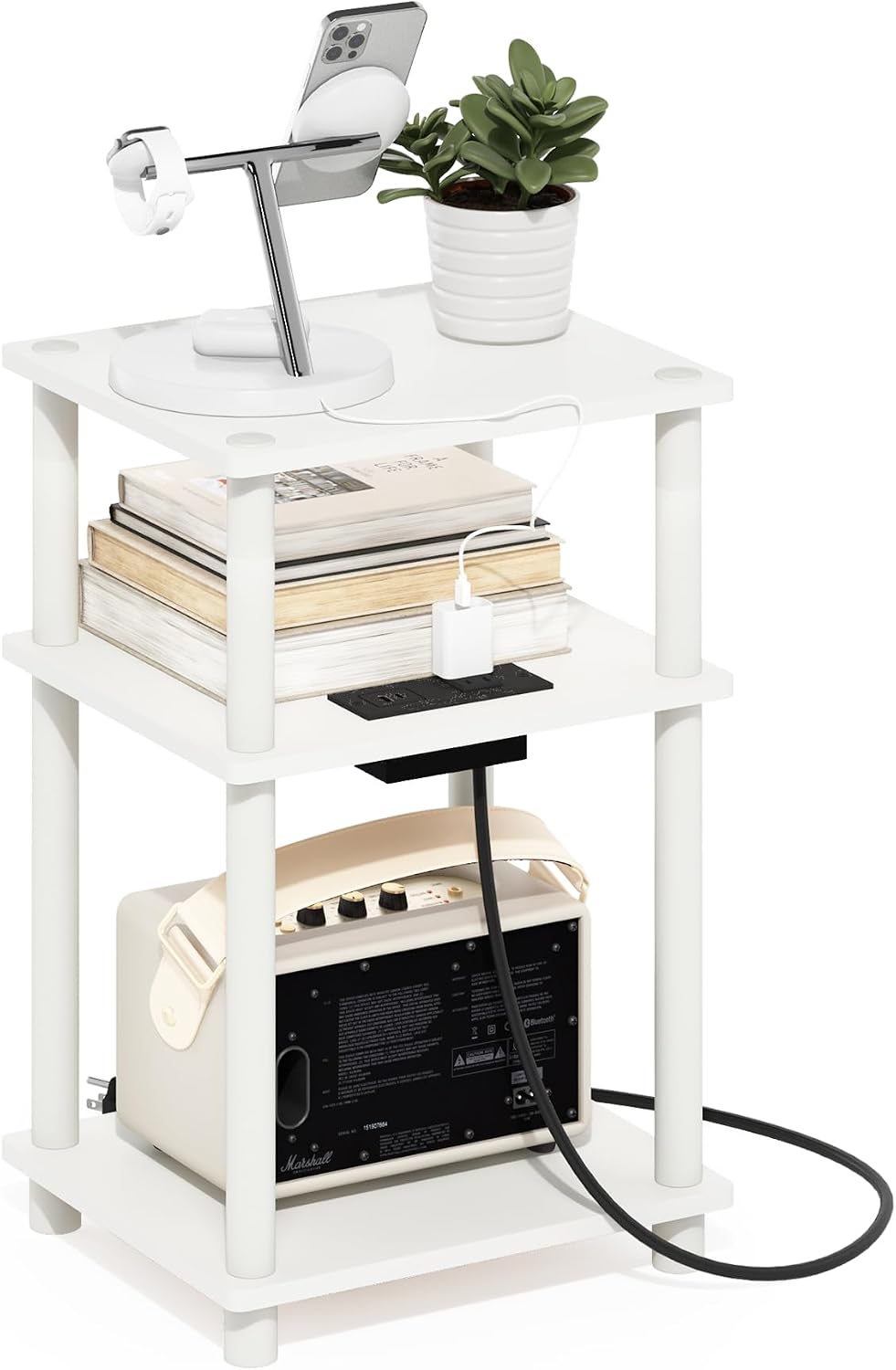 Just 3-Tier Charging Station Side Table, End Table, Plain White