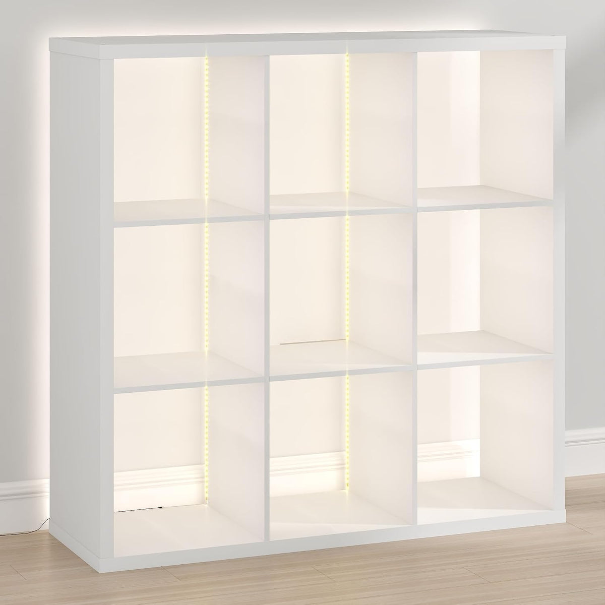 Cubicle Book Shelf with LED Lights, 9-Cube Bookshelf, Reversible Extra Thick Frame Bookcase, Display Storage Shelves, for Living Room, Bedroom, Home Office, White