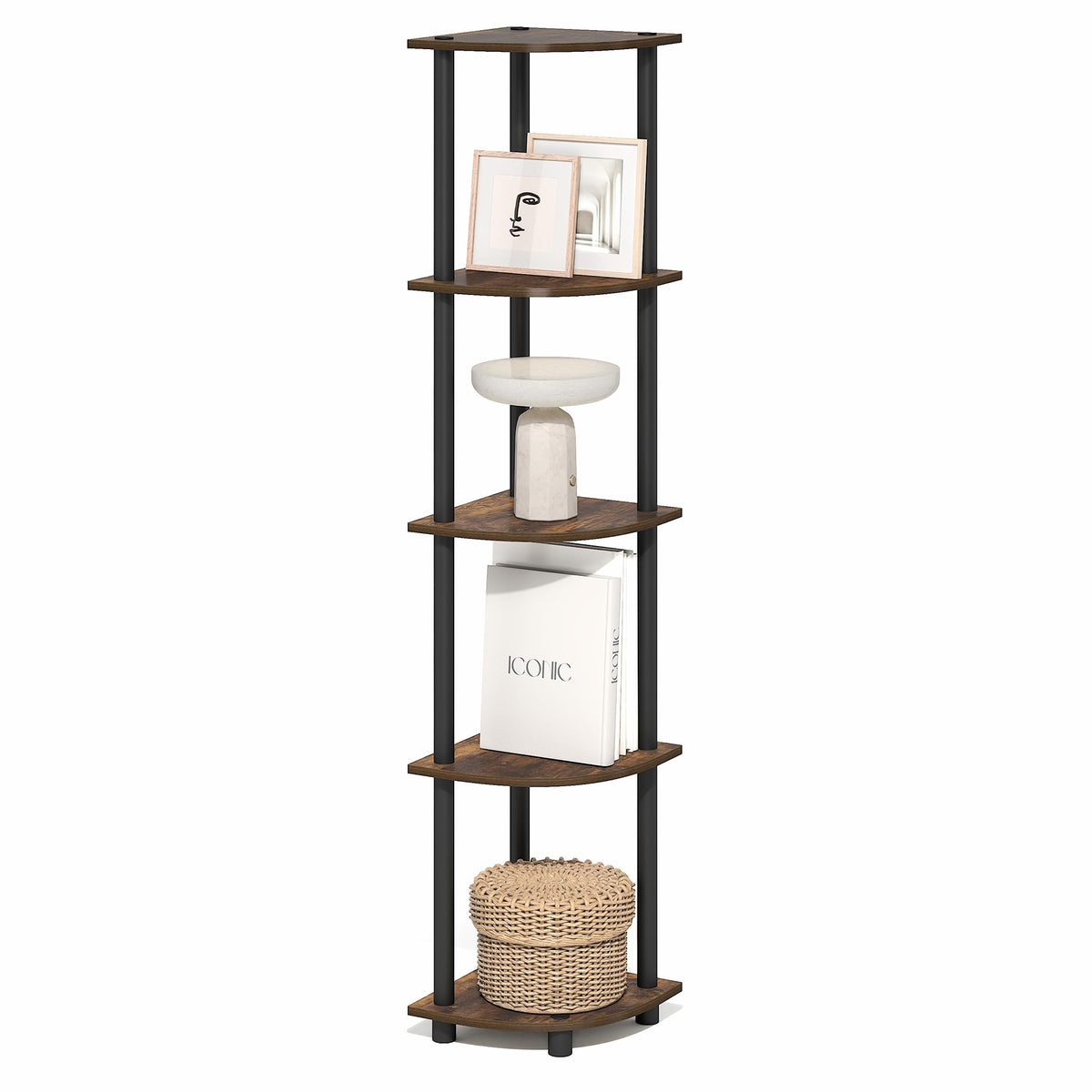 TURN-N-TUBE Corner Shelf, 4-Tier Corner Bookshelf, Display Storage Shelves with Open Shelves, for Organization and Storage, Living Room, Home Office, Garage, Columbia Walnut