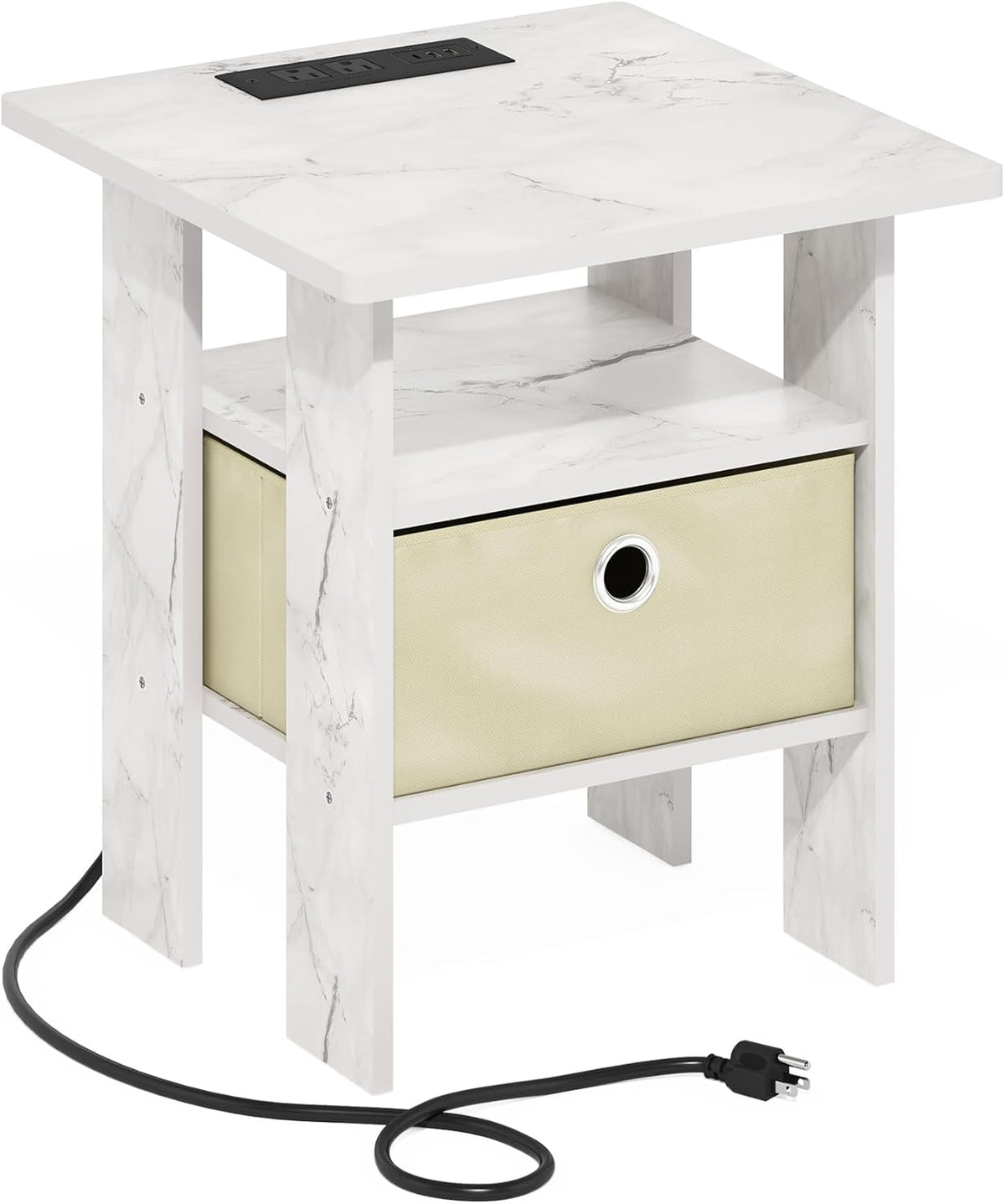 Andrey USB and Type-C Port Charging Station End Table with Storage Bin, 15.55 (W) x 12.56 (H) x 8.5 (D) inches, Marble White/Ivory