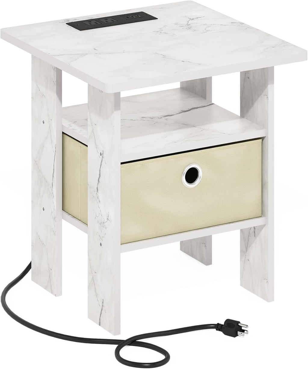 Andrey Charging Station Nightstand with Storage Bin, Marble White