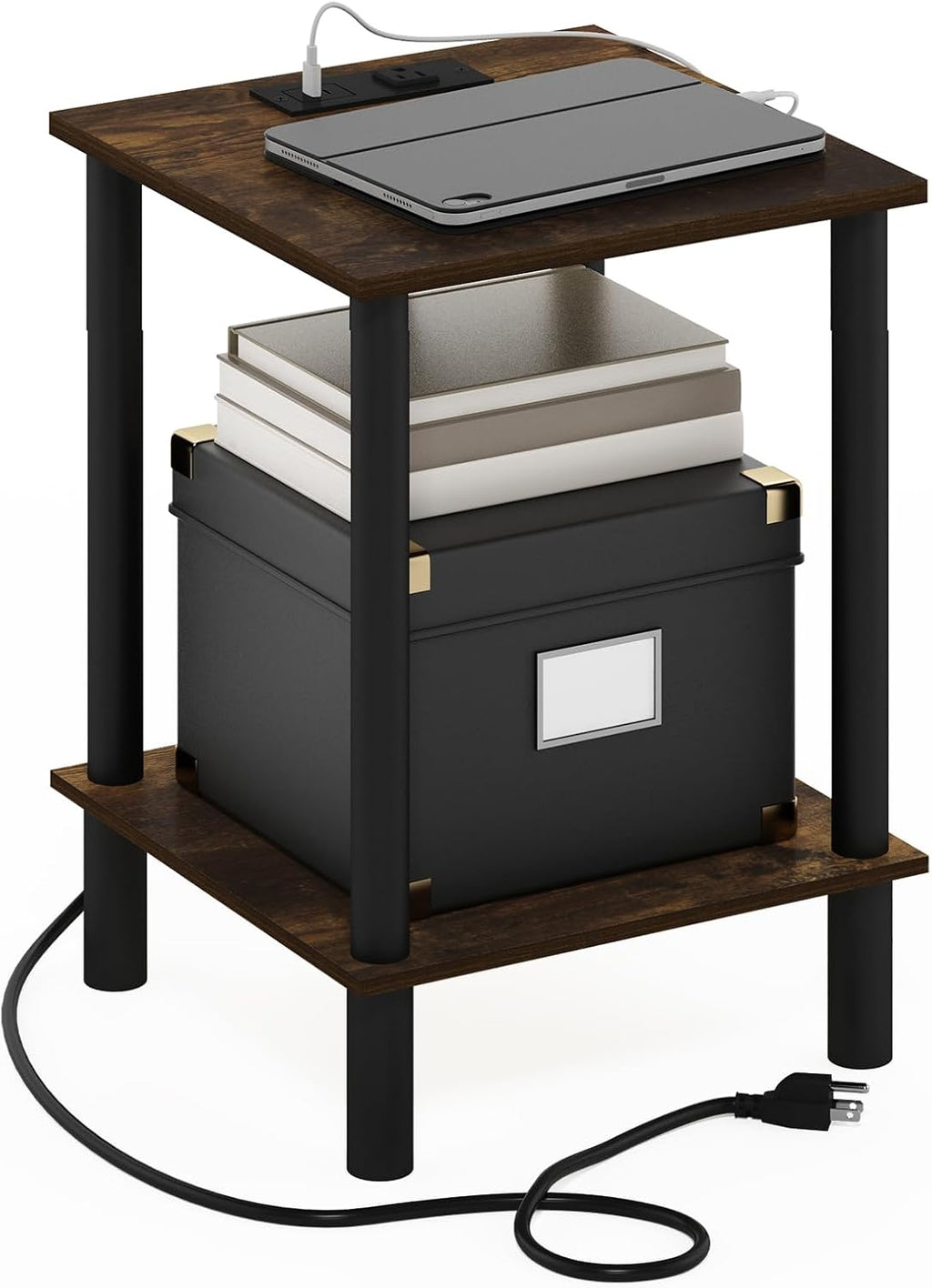 Turn-N-Tube 2-Tier Square Side Table with Charging Station, End Table, Night Stand, Bedside Table with USB and Type-C Charging Port, for Living Room, Bedroom, Amber Oak