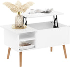 Jensen Living Room Wooden Leg Lift Top Coffee Table With Hidden Compartment and Side Open Storage Shelf, Solid White