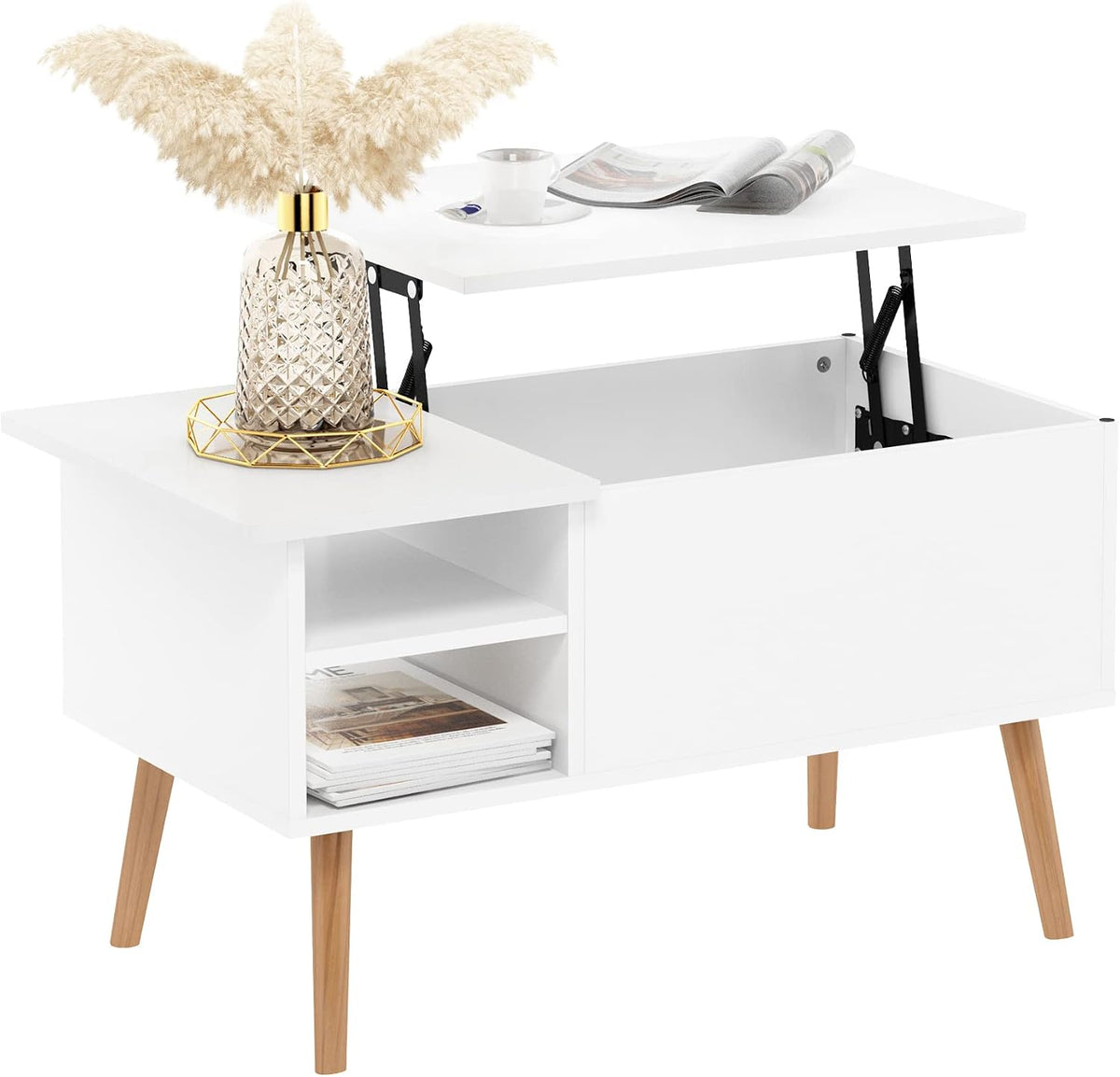 Jensen Living Room Wooden Leg Lift Top Coffee Table With Hidden Compartment and Side Open Storage Shelf, Solid White