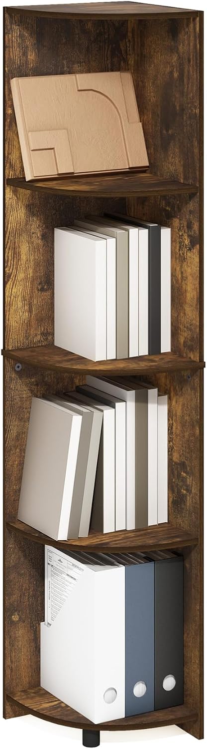 Econ Corner Shelf, 4-Tier Rustic Brown Corner Book Shelf, Storage Shelves, Display Rack, Bookshelf, for Organization and Storage, Living Room, Home Office, Amber Oak