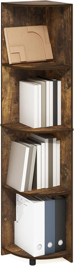 Econ Corner Shelf, 4-Tier Rustic Brown Corner Book Shelf, Storage Shelves, Display Rack, Bookshelf, for Organization and Storage, Living Room, Home Office, Amber Oak