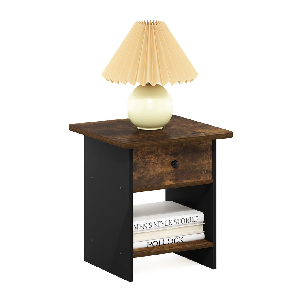 Andrey Set of 2 End Table / Side Table / Night Stand / Bedside Table with Bin Drawer, Dark Brown/Black