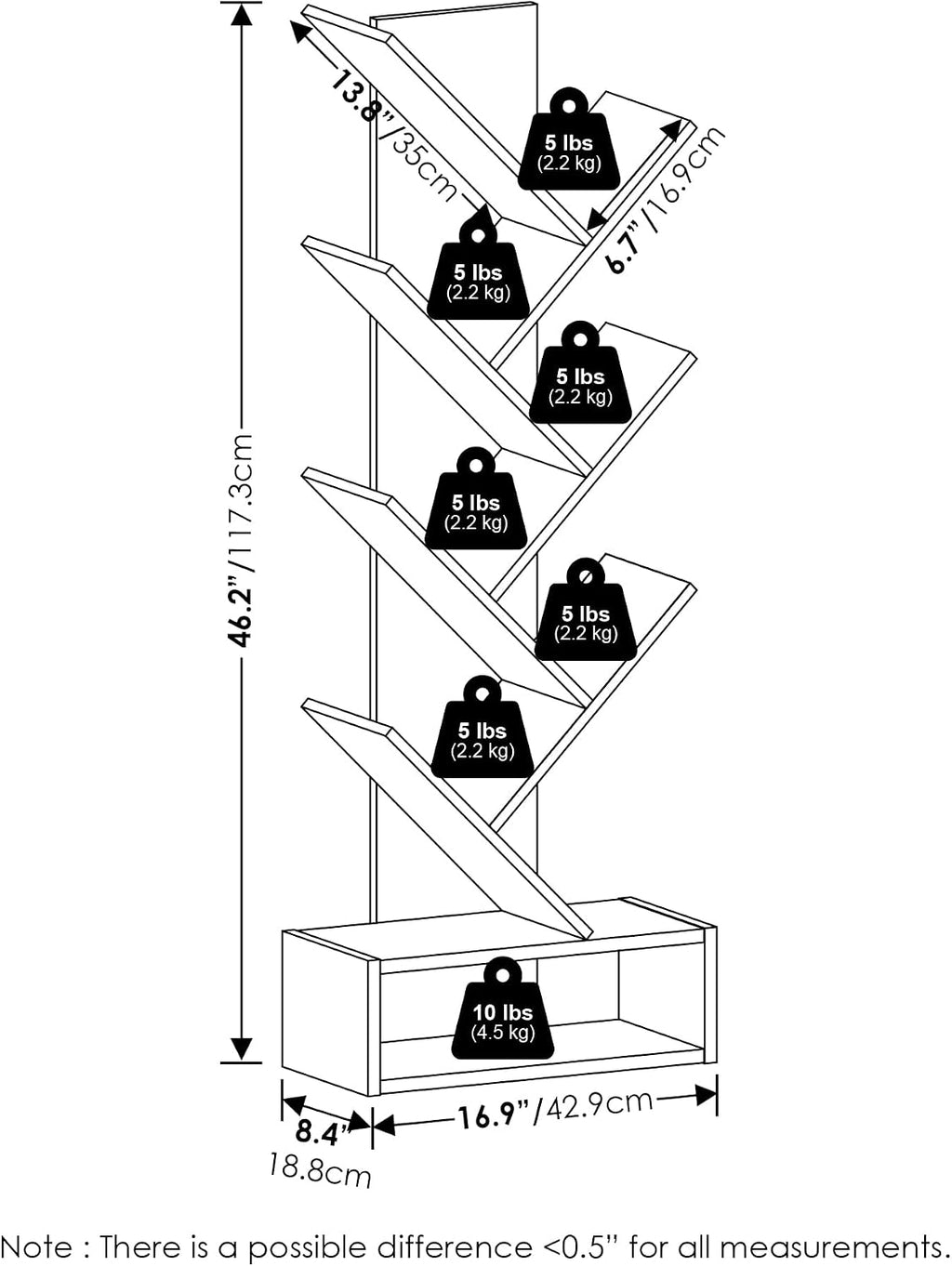 Tree Book Shelf, 7-Tier Bookshelf, Tree Bookcase with Bottom Shelf, 8.4 x 16.9 x 46.2, for Living Room, Bedroom, Home Office, White