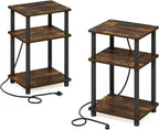 JUST Side Table Set of 2, 3-Tier Modern End Table with Charging Station, Open Shelf Night Stand, Bedside Table with USB and Type-C Port, for Living Room, Bedroom, Amber Pine