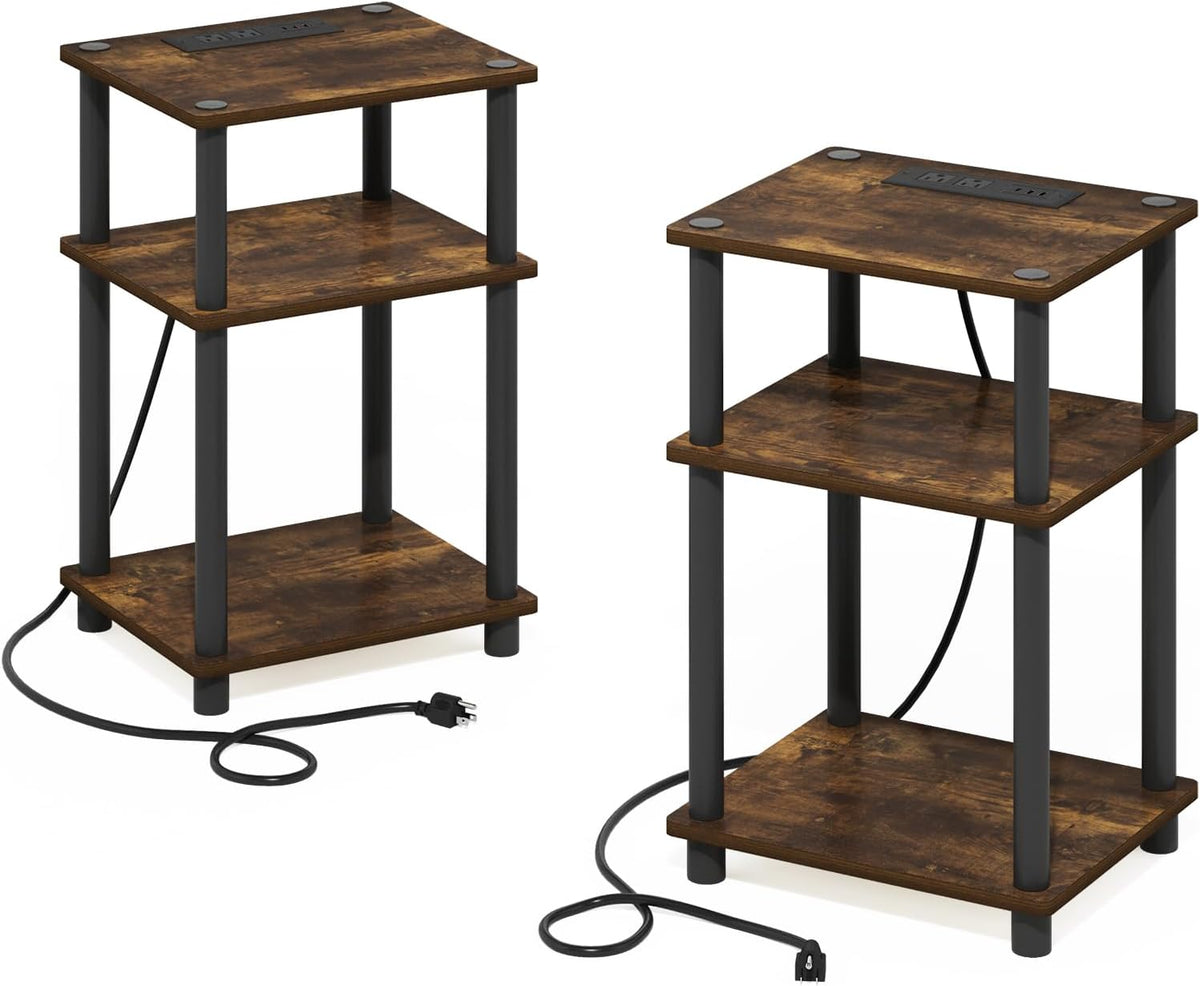 JUST Side Table Set of 2, 3-Tier Modern End Table with Charging Station, Open Shelf Night Stand, Bedside Table with USB and Type-C Port, for Living Room, Bedroom, Amber Pine