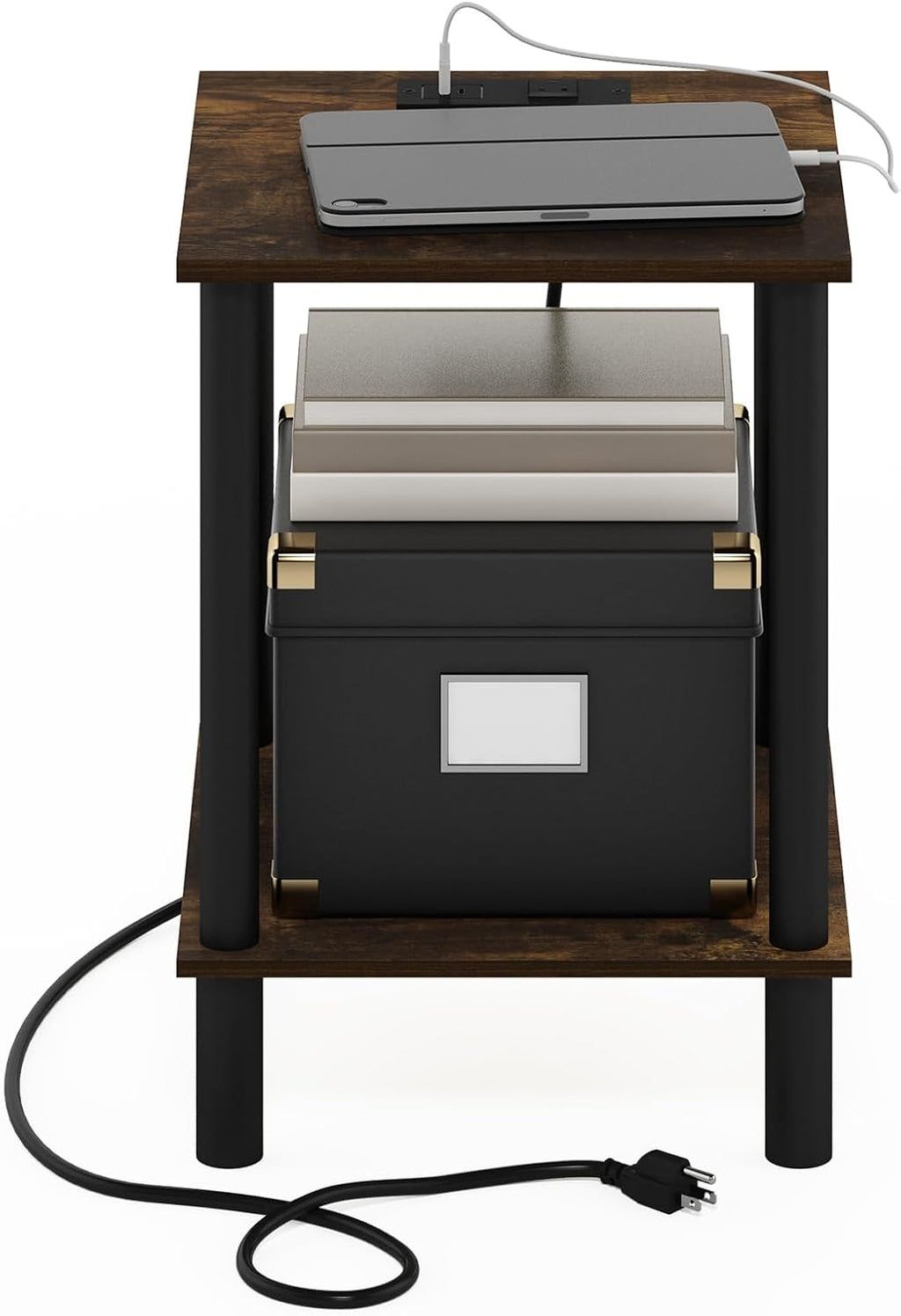 Turn-N-Tube 2-Tier Square Side Table with Charging Station, End Table, Night Stand, Bedside Table with USB and Type-C Charging Port, for Living Room, Bedroom, Amber Oak
